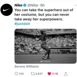 Nike comes back strong.  S Williams the G.O.A.T #nike #nikejustdoit #nikemotivation #nikerunthistown ##getupgetoutgetactive #getupgetoutanddosomething  https://www.instagram.com/p/Bm5lA0hF7fp/?utm_source=ig_tumblr_share&amp;igshid=1jym86xl5b697