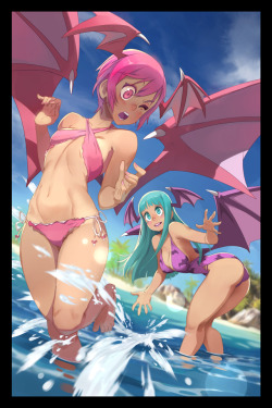 grimphantom2:  ninsegado91: xa-colors:  Lilith and Morrigan from Darkstalkers  For Udon book   Street Fighter &amp; Friends Swimsuit Special   https://twitter.com/UdonEnt  Sexy and cute  One of my favs!