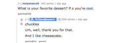 exeggcute:  thegestianpoet:  news alert steve buscemi types out his laughter in italics and likes cheesecake   I think reddit’s html is like if you ttype something in between asterisks it italicizes the text so like, even better, steve buscemi almost