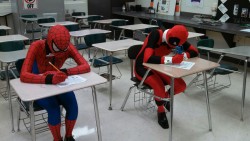 8bit-aion:   theauthorman:  &ldquo;Pssst, spidey, what’d you get for number seven?&rdquo; &ldquo;Dude, shut up! I don’t wanna get in trouble!&rdquo; &ldquo;I got Waterloo.&rdquo; “This is a math test!”  are we not going to talk about the fact