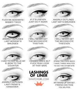 diaryof-alittleswitch:  badleetlebebe:  wanderlostme:  peruvian—goddess:  this is so fucking accurate   iliaora  Accurate. Cause I’m an idiot with makeup that when one of my coworkers tried getting me to try some eye stuff I completely fucked it
