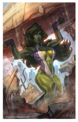 reiquintero:  SHE-HULK! This another character I wanted to give it a try, so here it is, I approached this one in a very different way, painting directly over the sketch, using a few layers to fix things here and there, Also I tried a much more “American”