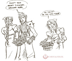 icarus-doodles:  I always wondered where Cloud put the flower after he bought it from Aerith. (Originally posted on Twitter) 