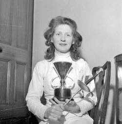 modernfencing:  [ID: two photos of a foil fencer, posing with her trophy and en garde.]askhistorians:  Mrs. Mary Hawdon of West Yorkshire, with fencing trophy, 09 April 9, 1963.(Kirklees)
