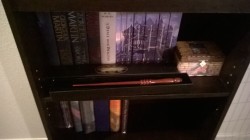 My Harry Potter collection so far. Newly illustrated edition next to my ASOIAF books, as well as my wand. I’ve had that jewelry box with the Hogwarts Express on it since I was 11.