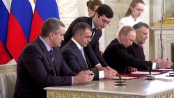 vladimirputinwillfuckyouup:  So this is the treaty that officially makes Crimea a part of Russia. Hmmm…I wonder how I should sign my name. Vladimir Putin? Tsar Putin I? The Boss Of All Russia? Fuck you, America? Ahahahaha, screw it. I am signing it