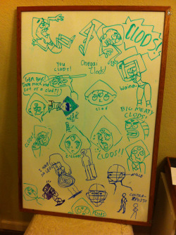 b-san:  Stupid lime green dorito things I drew with friends on a whiteboard. I drew everything except the sideways Peridot with sunglasses, my friend drew that. Drawings are in weird positions because the board was laying on a flat surface rather than