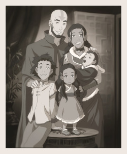 chaoticrice:  bryankonietzko:  The family portrait from Friday’s episode, 204, “Civil Wars, Part 2.” Drawn by Christie Tseng, character tones by Sylvia Filcak-Blackwolf, background painting by Emily Tetri, art director stuff by me.  Finally some