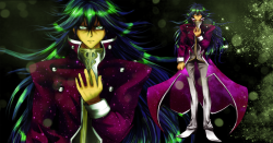 owlteria:  I was watching some YGO Season Zero and it inspired me to design a “Yami”/dark form of Mokuba. Since he’s so sinister in 0, I kept up all the original colors in his appearence, just changed his clothes a bit. The magenta coat is similar