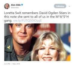 radarsteddybear: Loretta sent this touching memory of David Ogden Stiers to the M*A*S*H gang. “I had been teasing David about how reclusive and private he was and how he couldn’t get away with that kind of behavior with this company….no way.  It