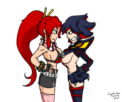 Yoko from Gurren Lagann and Ryuko from Kill la Kill. The two queens of fanservice locked in a boob-battle. Gurren Lagann is my favourite anime of all time. Kill la Kill is up there, but it ain’t my favourite. 