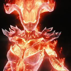  Flame Atronachs are a breed of Daedra that prefer ranged magic to physical combat. Constructed entirely of fire, Flame Atronachs resemble humanoid females wearing black metal armor. They possess horns, pointed ears, three fingers, and two toes.
