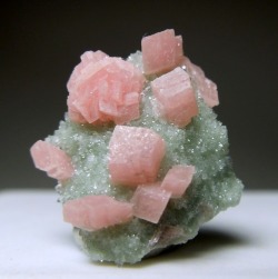 pearl-nautilus:Rhodochrosite rhombs on a matrix partially covered by sparkly Quartz. source: