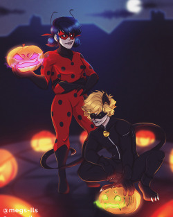 megs-ils: Miraculous Halloween!   welp Happy Halloween! we don’t really celebrate this holiday but drawing this was really fun! these amazing designs where made by @sphenodontia go check em out!!  DO NOT REPOST 