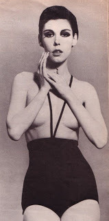 Peggy Moffitt in Rudi Gernreich&rsquo;s futuristic unisex, monokini.  1964.