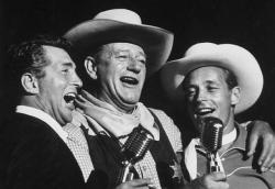 wehadfacesthen:I don’t know what the occasion was, but here are Dean Martin, John Wayne and Guy Madison singing a song together, 1959. 