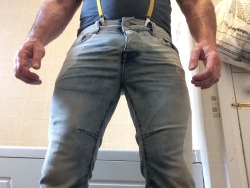 tattsandkink1:  Totally flooded my new jeans I knew they’d be good for pissing in! Just going jerk off in em and fill my briefs with my cum! 