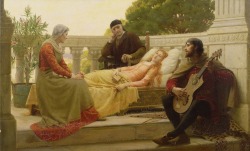 femme-de-lettres:  Large (Wikimedia)Edmund Blair Leighton painted this, How Liza Loved the King, in 1890.It follows yesterday’s theme, depicting an incident from another Boccaccio book—The Decameron. The Decameron consists of one hundred stories,