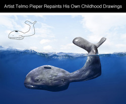 lokisweboflies:  tastefullyoffensive:  Artist Telmo Pieper Repaints His Own Childhood DrawingsPreviously: Everyday Objects Turned Into Creative Illustrations  that shark tho  so cool