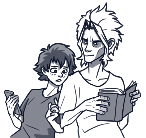 purplecarseat:  Just a boy and his dad. Just a man and his son. Pretending to focus on their own reading but not focusing at all. (1/3)I have the dadmightiest discord to thank for this one. (2/3)Izuku is me, I urgently need photos of Toshi in an extra