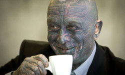 guardian:  Meet Vladimir Franz, an opera composer and painter - tattooed from head to toe, his face a warrior-like mix of blue, green and red. He’s also running in a surprising third place ahead of this week’s Czech presidential elections. (via Vladimir