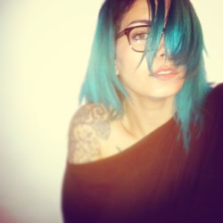 ultima-suicide:Good night ♥ #ultima #suicidegirl #ultimasuicide #inked #bluehair #glasses #tattoos