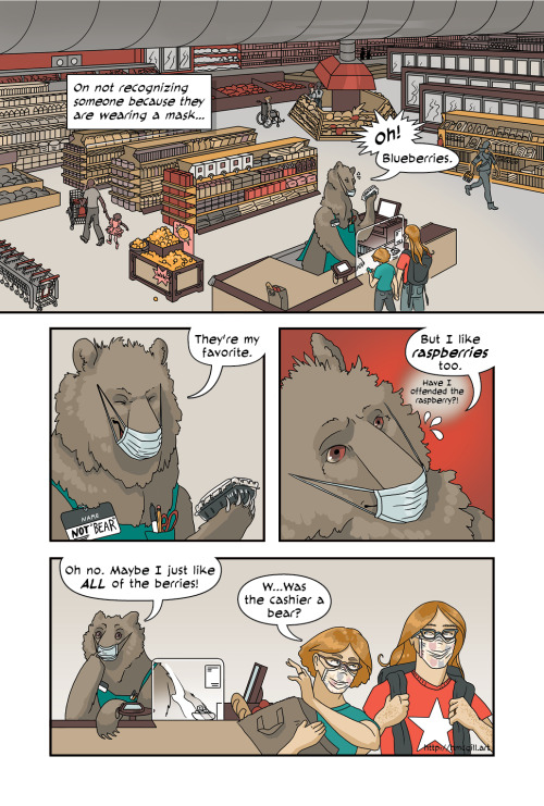 hannahmcgill:A silly moment from summer last year, when we were getting used to all the changes[Transcript:A one-page digital comic that takes place in a grocery store. The artist depicts herself and her partner standing in front of the checkout line,