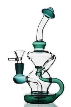 420stoneheads: This Teal Glass Bellow Base Dual Arm Recycler is the perfect piece for both dry herbs or concentrates. At the bottom of this piece sits a showerhead perc with small slits for the perfect amount of diffusion and filtration. The showerheadÂ
