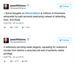 micdotcom:  Jesse Williams just destroyed the racist double standard of policing in America In 24 posts on Twitter, the actor argued the real problem was not the single case of Sandra Bland or the state trooper who arrested her, but the double standard