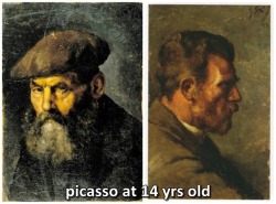 theweniswarmer:  shitpostmemeboy:  dogmemes:  hoodbypussy:  Évolution inversée  he looked old for 14  “It took me four years to paint like Raphael, but a lifetime to paint like a child.”― Pablo Picasso   he looked old for 14 