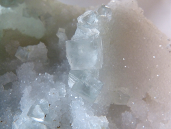rockon-ro:  FLUORITE (Calcium Fluoride) from Madagascar. Pale green cubic fluorite crystals with drusy milky quartz.