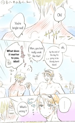 usuk-libertea-translations:  べいえいリクその11　夏ビーチ水着べいえい/ usuk request 11   Summer beach wear usuk   oHHHHHHH I REACHED 300 though I was only 280 yesterday… Wow. Anyways HERE! //throws celebratory usuk// ^~^ this one’s….