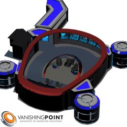  Designed for a vessel on an exploration mission to the stars, this bridge has more open spaces and stand-up consoles. The captain sits directly behind the helm and ops console. The rear stations can be reconfigured to display any of the ship`s  functions