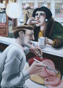 artmastered:  Edward Burra, The Snack Bar, 1930  An odd tension exists between the barman, the customer and the slicing of the ham in Burra’s painting. The woman eats distractedly, while the man cuts with enjoyment and a sideways glance at her. Violence
