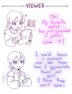 samsonworks:  jay291:  vtrvtrn:    ❤  Give love! Spread love!   ❤   Go and tell your favorite artist something nice about their art! Go-go-go!  @slbtumblng you are your creations are loved have a good day   Likes and reblogs are not enough, leave
