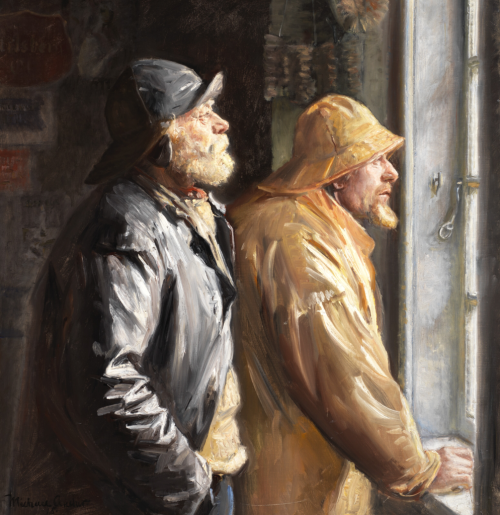 thewondermentofillustration:Michael Ancher -  Two fishermen from Skagen at the window in the grocery, 1915Michael Peter Ancher (1849 - 1927) was a Danish realist artist. He is famous for his paintings of fishermen, their experiences at sea, and the daily