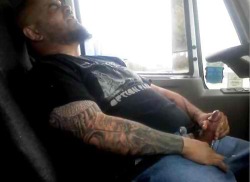 rainbowsnsemen:  truckercock:  Wonder what he’s watching…  Murr, truckers.  Needs a helping hand. Or mouth. Or&hellip;