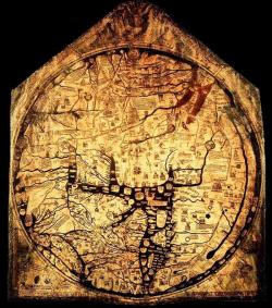 historyarchaeologyartefacts:The Hereford Mappa Mundi: the largest medieval map that is still intact, featuring places, biblical stories, animals, 3D scan in comments,ca 1300,England [960 x 860]