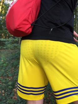 oldschool-briefs:Printed briefs under yellow sport shorts