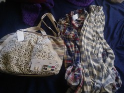 My small haul from Icing and Forever 21.  That bag was 40 dollars but I got it for 7.  The plaid shirt doesn&rsquo;t fit across my boobs very well but I&rsquo;ve got a tank top to wear underneath at least.  I really need to build up my wardrobe, I