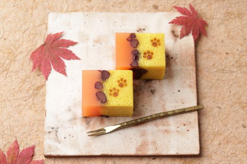 tanuki-kimono:ADORABLE cat themed autumnal wagashi by Beniya entitled   [neko no sanpomichi] or “cat stroll”. It has yokan (bean jelly) and red beans mimicing autumn leaves with an ukishima (steamed cake) iron-branded with tiny paws.They also have