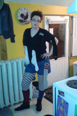 I’m the Odd Sock Gremlin who lives in your dryer! (Yay for last minute costumes. I didn’t realize how distorted my torso looked until now&hellip;and that hanging socks off my boobs was probably not a good idea.)