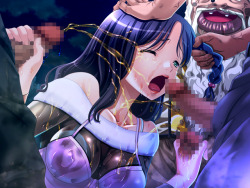 Busty oppai asian girl surrounded by cocks pissing all over her in an illustration from one of the Waffle games.