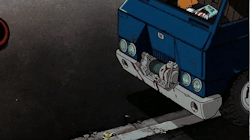 subject-28:  Akira (1988) / Key Master Set-Up, Douga + Genga / 260mm x 350mm A Clown’s bike slides beneath a parked van and bursts into flames after its rider is kicked in the face by Kaneda. 
