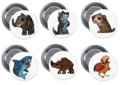alradeck:  Prehistoric buttons set is up!  We’ve got the Mammoth, Dire Wolf, Sabertooth Tiger, Megalodon, Woolly Rhino and Terror Birds all together at last :DThey also come in keychain flavors!  Doing just a small run of these, only got 10 or so