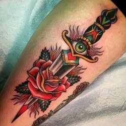 tattoosnob:  Rose &amp; Dagger tattoo by @sheilamarcello at Allied Tattoo in Brooklyn, NY #sheilamarcello #alliedtattoo #brooklyn #newyork #rose #rosetattoo #dagger #daggertattoo #roseanddagger #tattoo #tattoos #tattoosnob