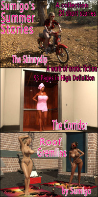  Three exciting short stories from summer. The Skinnydip is about a young Coed who goes to the wrong place for a swim. The Corridor is about a young business woman with a bad sunburn wearing nothing but a towel who gets stuck in the hotel basement. Roof