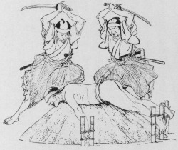 jibadojo:  Tameshigiri on a convicted criminal. (Test cut ) During the Edo period, only the most skilled swordsmen were chosen to test swords, so that the swordsman’s skill was not a variable in how well the sword cut. The materials used to test swords