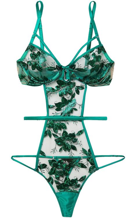 martysimone:  Fleur du Mal | Allover Foil Embroidery Bodysuit • in iridescent foiled pressed flower embroidery on sheer tulle + emerald silk