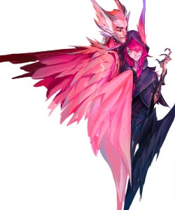 max-zh:Duo (Xayah and Rakan) is out! I drew this a while ago before their release but I guess I can post this now.Check out the cool lore stuff my team did on the Vastaya!